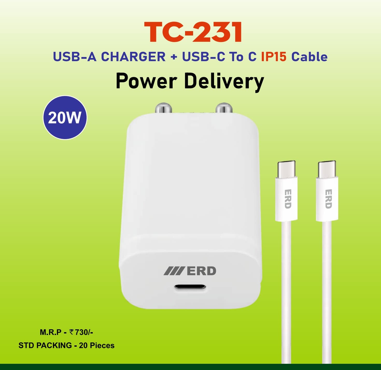 ERD TC-231 20W Fast Charger With USB-C To C IP15 Cable