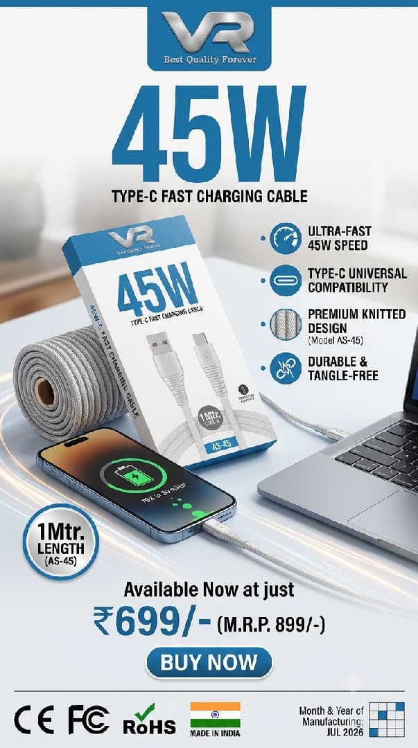 VR AS 45 45W Fast Charging Cable ( Type C ).