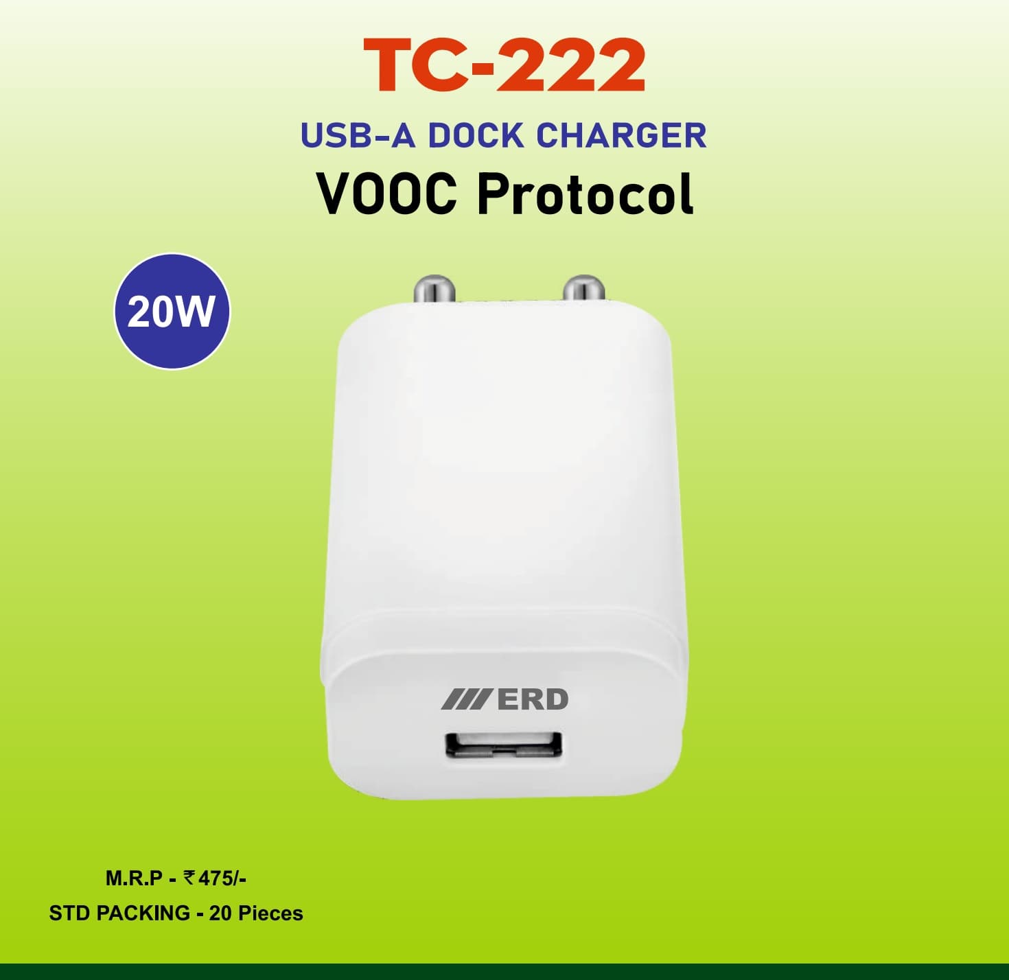 ERD TC-222 USB-A VOOC Charger, 20W