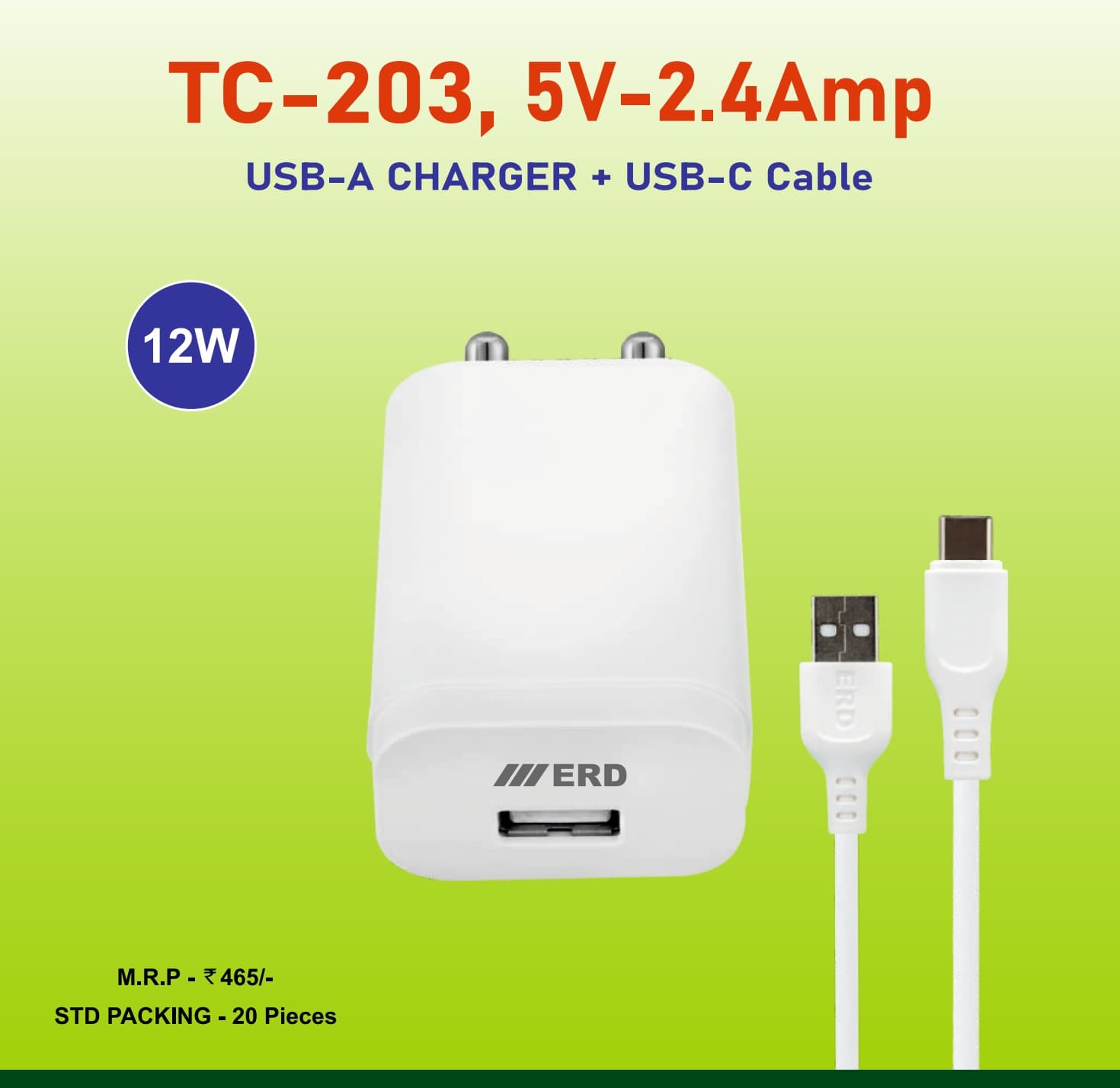 ERD TC-203 USB-A Charger With USB-C Data Cable, 12W