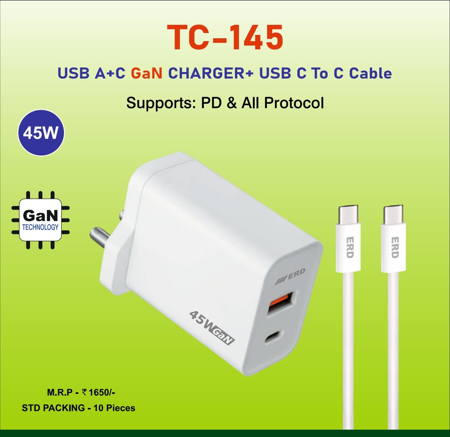 ERD TC-145 USB A/C GaN Charger, 45W